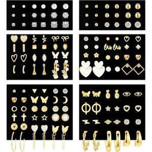 70 Pair Gold Stud Earrings Set for Women Hypoallergenic Hoops Pearl CZ Pack